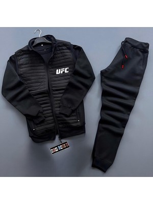 Risil-Nu Company Ufc Baskılı Kapitone Triko Detaylı Yelek-Kışlık Eşofman Altı-Sweatshirt 3'lü Alt Üst Takım
