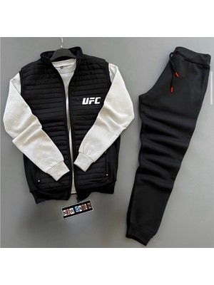 Risil-Nu Company Ufc Baskılı Kapitone Triko Detaylı Yelek-Kışlık Eşofman Altı-Sweatshirt 3'lü Alt Üst Takım