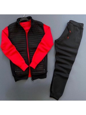 Risil-Nu Company Yeni Sezon Basic Kapitone Triko Detaylı Yelek & Kışlık Eşofman Altı & Sweatshirt 3'lü Alt Üst Takım