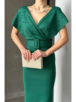 Incili Kruvaze Midi Boy Kemerli Elbise,