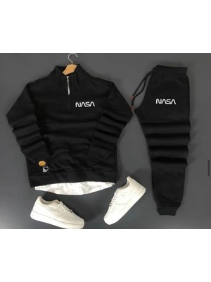 Risil-Nu Company Unisex Nasa Baskılı Yarım Fermuarlı Sweatshirt-Eşofman Altı 2’li Set