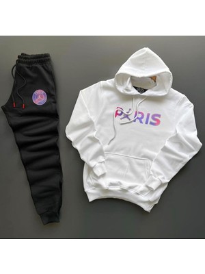 Risil-Nu Company Yeni Sezon Unisex Paris Baskılı Beyaz Pamuklu Hoodie- Pamuklu Siyah Eşofman Altı Takım 2'li