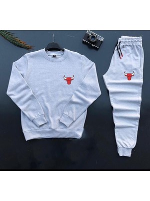 Risil-Nu Company Yeni Sezon Unisex Bulls Baskılı Gri Pamuklu Sıfır Yaka- Pamuklu Gri Eşofman Altı Takım 2'li