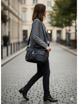 Shoemix Siyah Pofuduk Kapitone Kadın Omuz Çantası-Paraşüt Kumaş