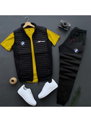 Risil-Nu Company Basic Bmw Mpower Baskılı Kapitone Yelek -Yazlık Eşofman Altı -T-Shirt 3'lü Alt Üst Takım