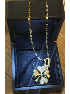 Kuyum Model Zirkon Taşlı Kalpli Yonca Kolye ( Işıklı Kutulu Sevgililer Günü Kolyesi )
