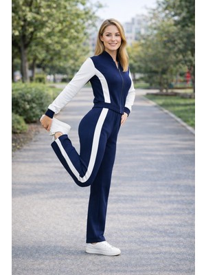 DNRYSL Kadın Fermuarlı Şerit Detaylı Eşofman Takımı Lacivert Bol Paça
