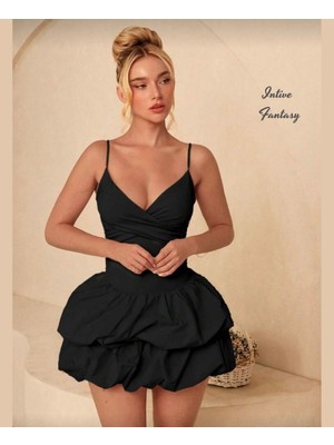 Intive Lingerie Intive Eteği Kabartmalı Balon Kesim Ince Askılı V Yaka Mini Gecelik/elbise