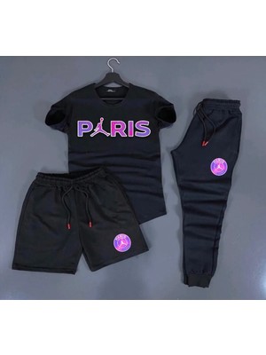 Risil-Nu Company Yeni Sezon Paris Baskılı Trend 3’lü Tişört-Eşofman-Şort Slim Fit Takım Alt Üst