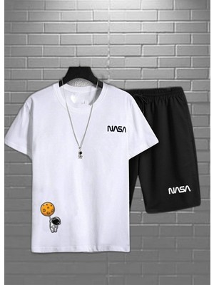 Risil-Nu Company Unisex Nasa Astronot Baskı Beyaz Oversize Tshirt -Slim Fit Nasa Baskılı Siyah Şort Alt Üst Takım