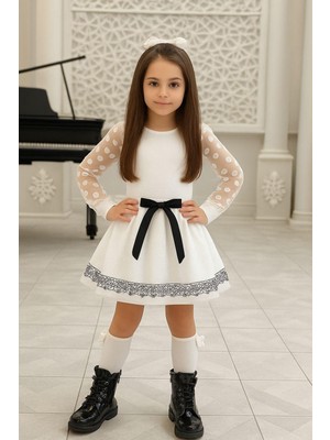 Savorzy Tül Kollu Siyah Kuşaklı  Çocuk Elbise