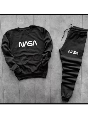 Risil-Nu Company Yeni Sezon Unisex Nasa Baskılı Pamuklu Sıfır Yaka Sweat-Pamuklu Kışlık Eşofman Altı 2'li Takım