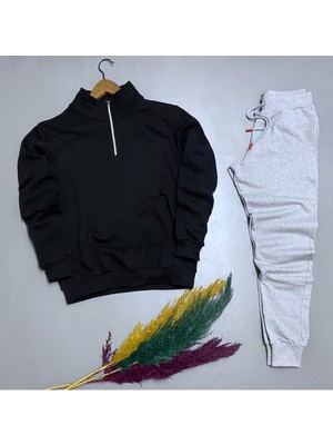 Risil-Nu Company Yeni Sezon Yarım Fermuarlı Pamuklu Siyah Sweat- Gri Eşofman Altı Takım Alt Üst 2'li