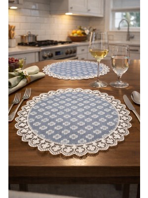 Rona Home Lüks Gri Çiçekli Kenarı Dantel Detaylı 6'lı Supla & Masa Servis Seti Çeyizlik