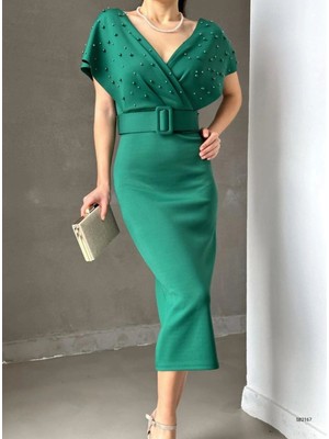 Incili Kruvaze Midi Boy Kemerli Elbise,