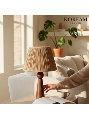 KorFam Kahverengi Rafya Başlıklı Ahşap Abajur