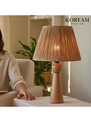 KorFam Kahverengi Rafya Başlıklı Ahşap Abajur