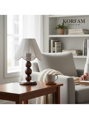 KorFam Rosalinda Abajur - Beyaz Hasır El Yapımı Bohem Asimetrik Şekilli Ahşap Ayaklı Rustik Abajur