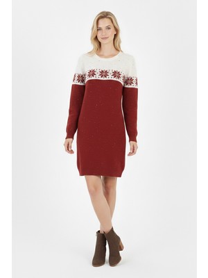 Evolaria Kadın Kırmızı Kar Tanesi Desenli Bisiklet Yaka Uzun Kollu Jakarlı Mini Triko Kazak Elbise