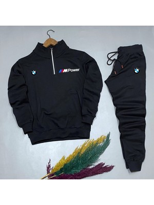 Risil-Nu Company Yarım Fermuarlı Bmw Baskılı Pamuklu Siyah Sweat-Pamuklu Siyah Eşofman Altı Takım Alt Üst 2'li