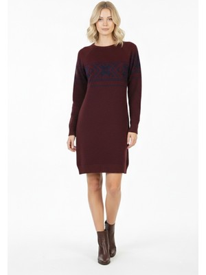 Evolaria Kadın Bordo Kar Tanesi Desenli Bisiklet Yaka Raglan Kol Jakarlı Triko Mini Kazak Tunik