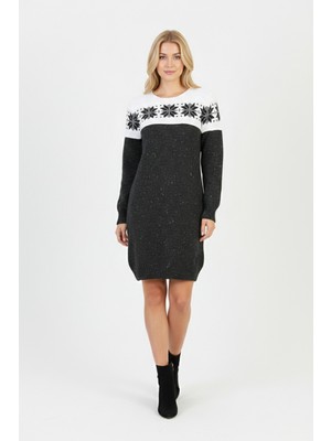 Evolaria Kadın Füme Kar Tanesi Desenli Bisiklet Yaka Uzun Kollu Jakarlı Mini Triko Kazak Elbise