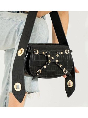 Legend Aksesuar Kadın Siyah Kroko Desenli Çift Kademeli Özel Kilit Askılı El ve Omuz Çantası