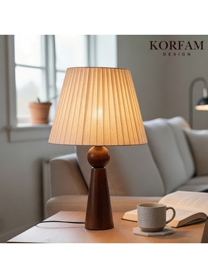 KorFam Bej Keten Kumaş Başlıklı Ahşap Abajur