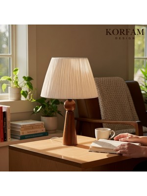 KorFam Beyaz Rafya Başlıklı Ahşap Abajur