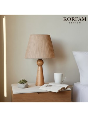 KorFam Bej Keten Kumaş Başlıklı Ahşap Abajur