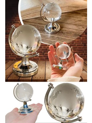 Munico Gümüş Kristal Cam Dünya Küre Dev Jumbo Büyük Boy Yuvarlak Harita Şeffaf Hediyelik Masaüstü Dekor