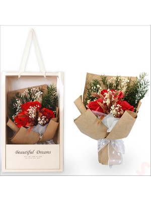 Süsle Bebek ve Parti Premium Kutu Içinde 3 Güllü Yapay Çiçek Buketi - Kraft