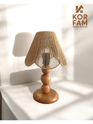 KorFam Rosalinda Abajur - Kahverengi Hasır El Yapımı Bohem Asimetrik Şekilli Ahşap Ayaklı Rustik Abajur