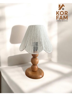KorFam Rosalinda Abajur - Beyaz Hasır El Yapımı Bohem Asimetrik Şekilli Ahşap Ayaklı Rustik Abajur