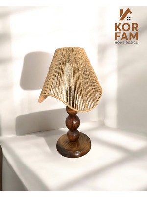 KorFam Wavy Abajur - Kahverengi Hasır El Yapımı Bohem Asimetrik Şekilli Ahşap Ayaklı Rustik Abajur