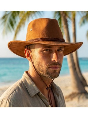 Reva Premium Süet Dokulu Fedora Şapka - Çene Ipli Plaj ve Doğa Konseptli Safari Şapkası