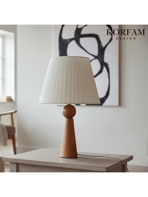 KorFam Beyaz Keten Kumaş Başlıklı Ahşap Abajur