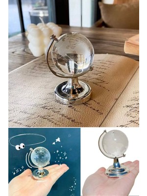 Munico Mini Jumbo Gümüş Kristal Cam Dünya Küre Küçük Boy Yuvarlak Harita Şeffaf Hediyelik Masaüstü Dekor