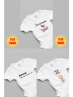 Overoz Amca Baskılı 3'lü Kısa Kollu Beyaz Bebek Body Set Üçlü Zıbın 5055-5183-5247