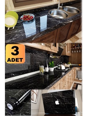 Munico 3 Adet Masa Tezgah Dolap Mutfak 5 Metre x 60 cm Mermer Folyo Kağıt Siyah