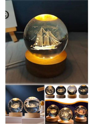 Munico Cam Lamba Korsan Gemisi Figürlü USB Gece Işığı LED Kristal Top Masa Lambası Tasarım Kaliteli Lamba