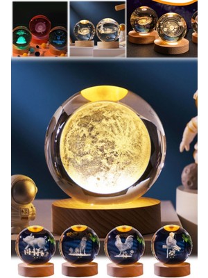 Munico 3D Lazer Gravürlü Ay Uzay Model Gece Lamba Cam Tasarım Hediyelik Tatlı 3D Lamba Gece Işığı Dekor