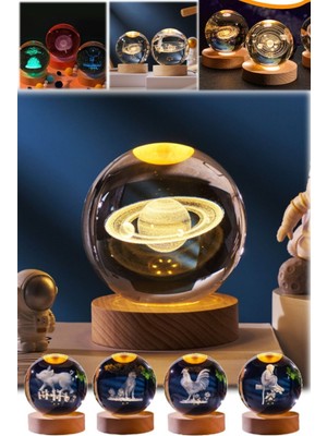 Munico 3D Lazer Gravürlü Satürn Model Gece Lamba Cam Tasarım Hediyelik Tatlı 3D Lamba Gece Işığı Dekor