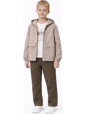 İrem Çocuk Giyim Erkek Çocuk Açık Kahve Renk Kapak Cep Model Yağmurluklu Sweatshirt Pantolon Üçlü Bayramlık Takım