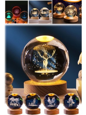 Munico 3D Lazer Gravürlü Boynuzlu Geyik Model Gece Lamba Cam Tasarım Hediyelik Tatlı 3D Lamba Gece Işığı