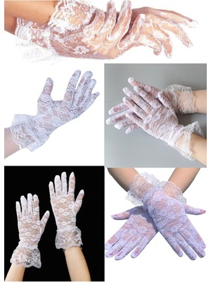 Munico Dantel Eldiven Gelin Eldivenleri Parti Şık Eldiven Gelinlik Aksesuarı Kadın Çiçek Dantel Beyaz Kısa