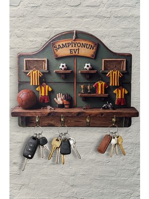 Time in a Tin 2d Ahşap Duvar Askısı Anahtarlık Retro Sarı Kırmızı Futbol Dekoratif Duvar Anahtar Askısı