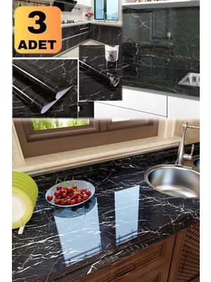 Munico 3 Adet Yapışkanlı Siyah Mermer Desenli 500 x 60 cm Dekoratif Sitcker Folyo Yanmaz Çizilmez Iz Yapmaz