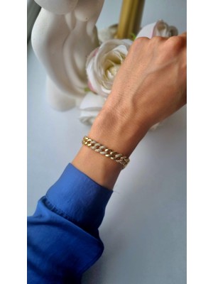 Initium Premium Kalite Paslanmaz Çelik 14K Altın Kaplama Çavuş Model Zirkon Taşlı Gold Bileklik