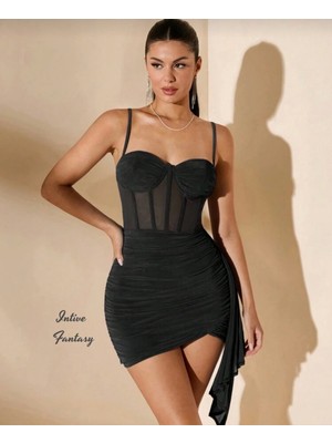 Intive Lingerie Intive Fantasy Korseli Göğsü Kaplı Drapeli Yanı Kuşaklı Siyah Mini Elbise/gecelik